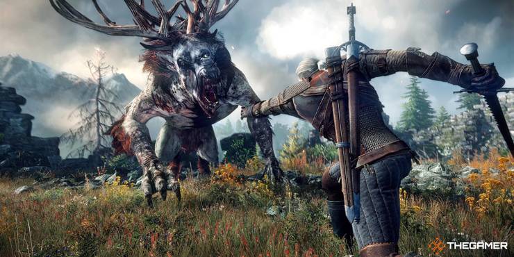 A screencap of Witcher 3 showing Geralt of Rivia slaying a beast