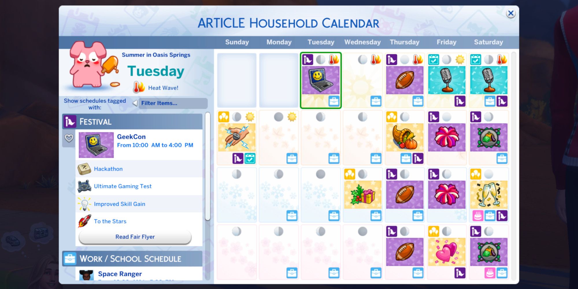 Screenshot from The Sims 4 calendar full of events and holidays