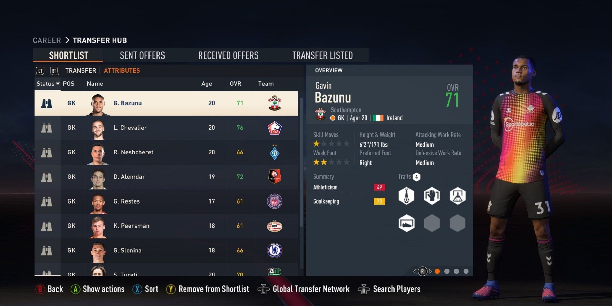 A screenshot of Gavin Bazunu in FIFA 23