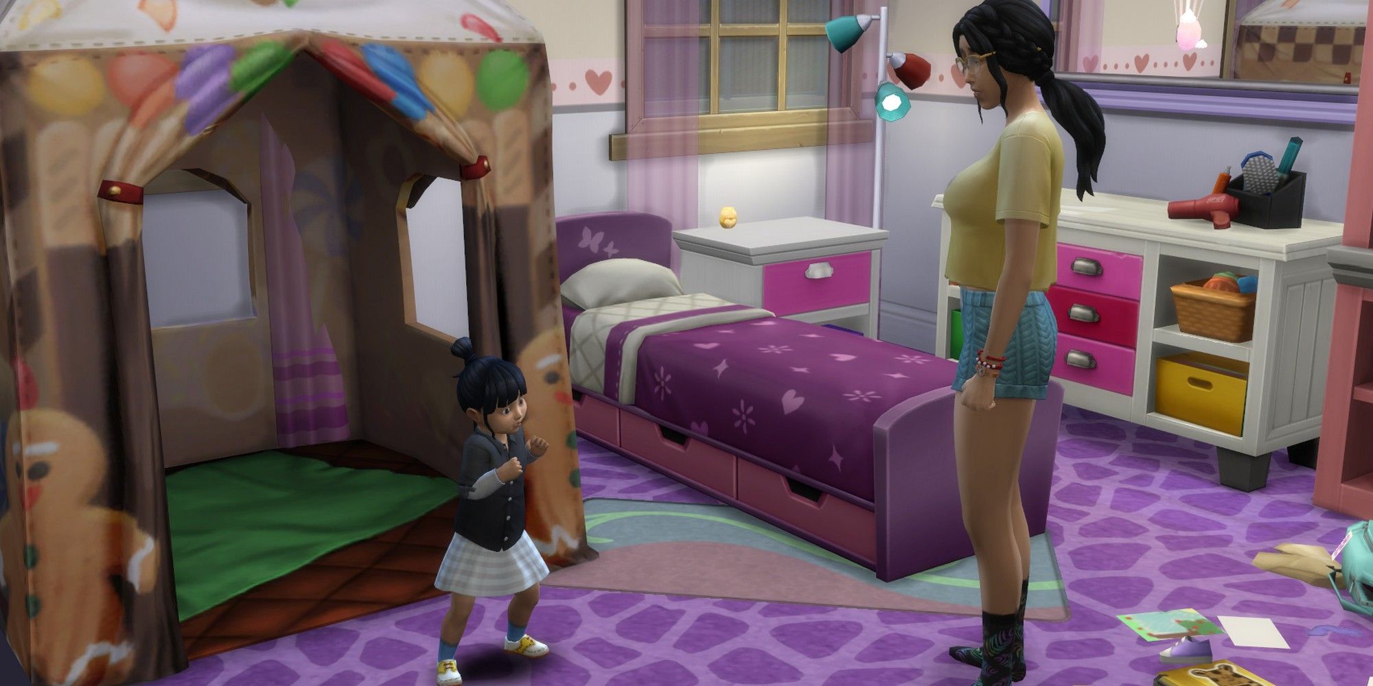 a sim and a toddler playing with the play tent in the sims 4 for the singer career