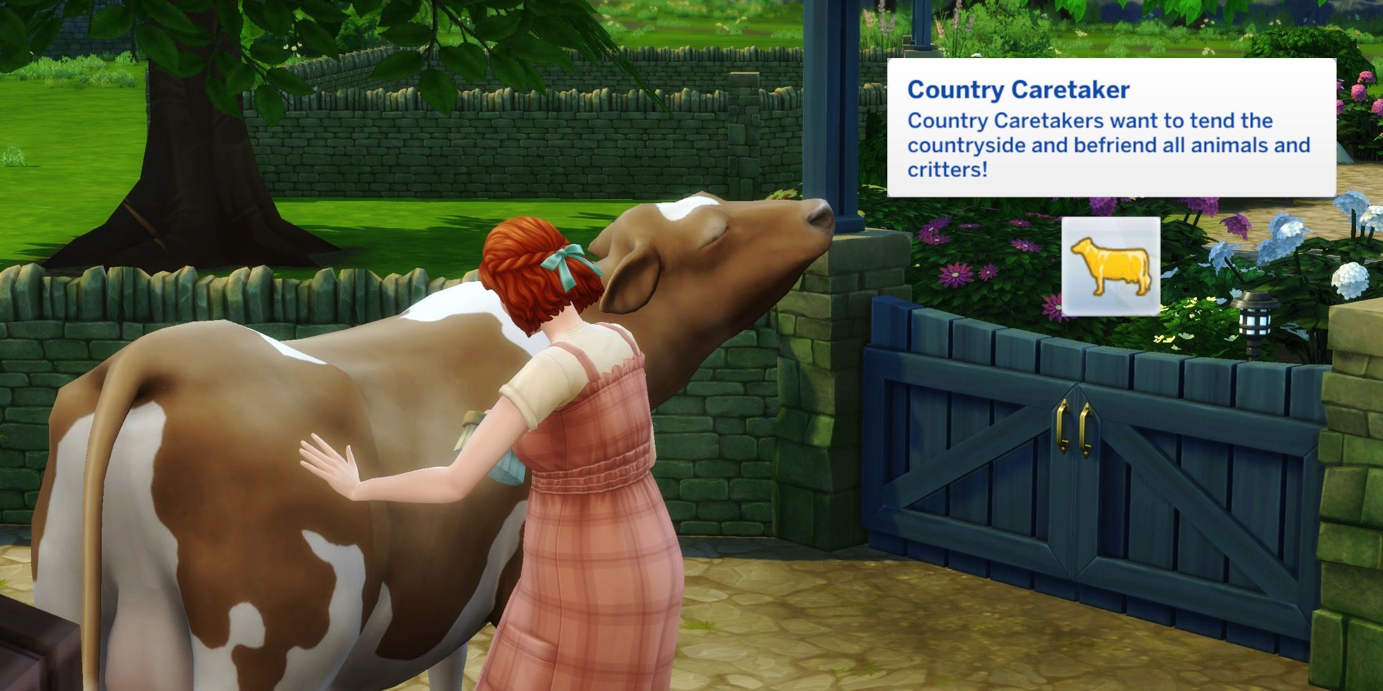 A Sim from The Sims 4 brushing a cow. A text box describing the Country Caretaker aspiration is on top of the picture-2
