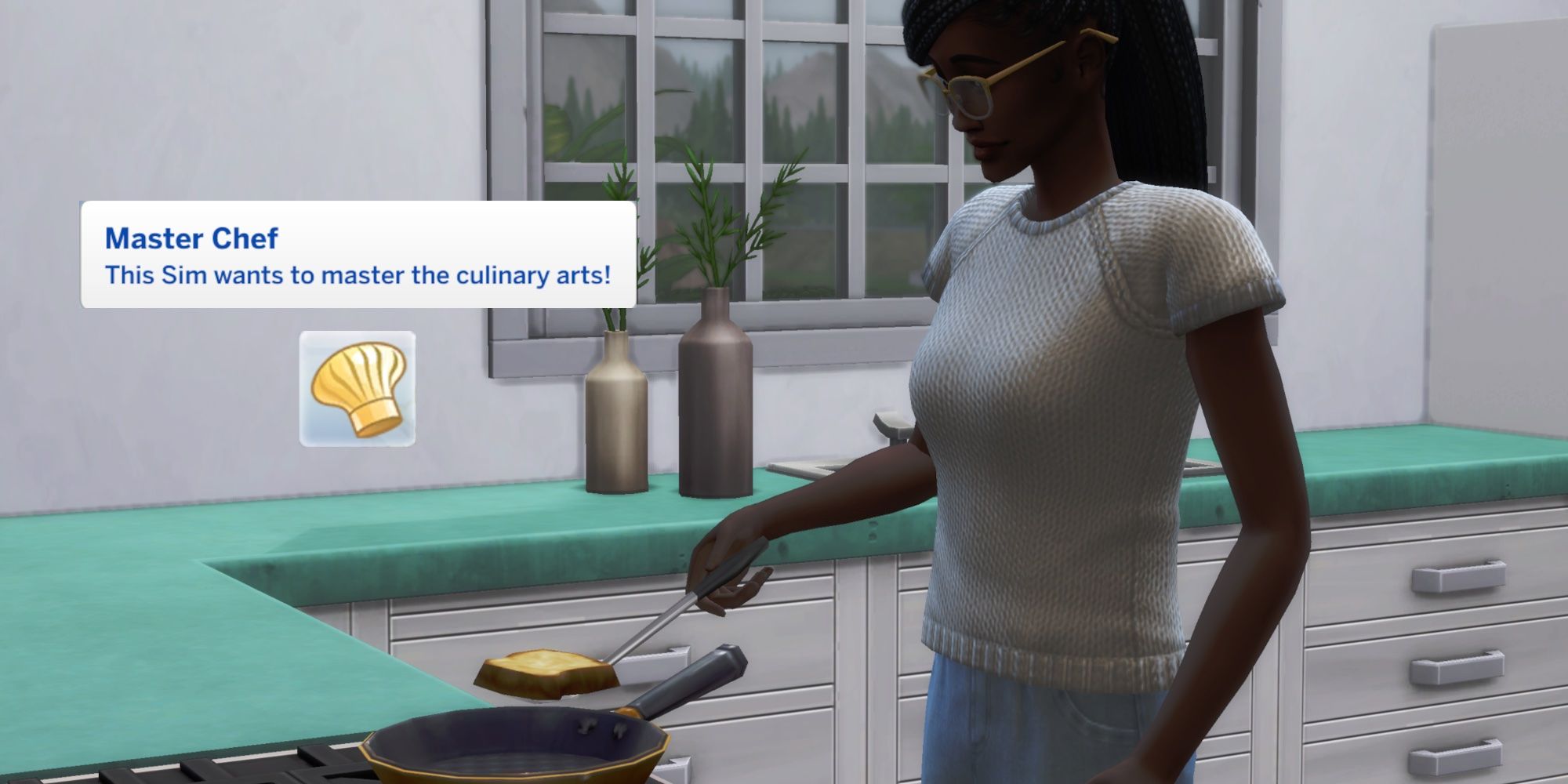 A Sim from The Sims 4 cooking grilled cheese. A text box describing the Master Chef aspiration is on top of the picture-3