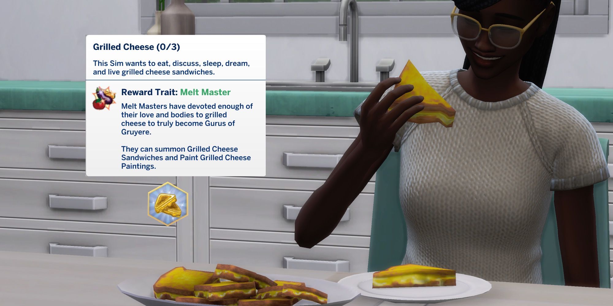 A Sim from The Sims 4 eating grilled cheese. A text box describing the Grilled Cheese aspiration is on top of the picture-2