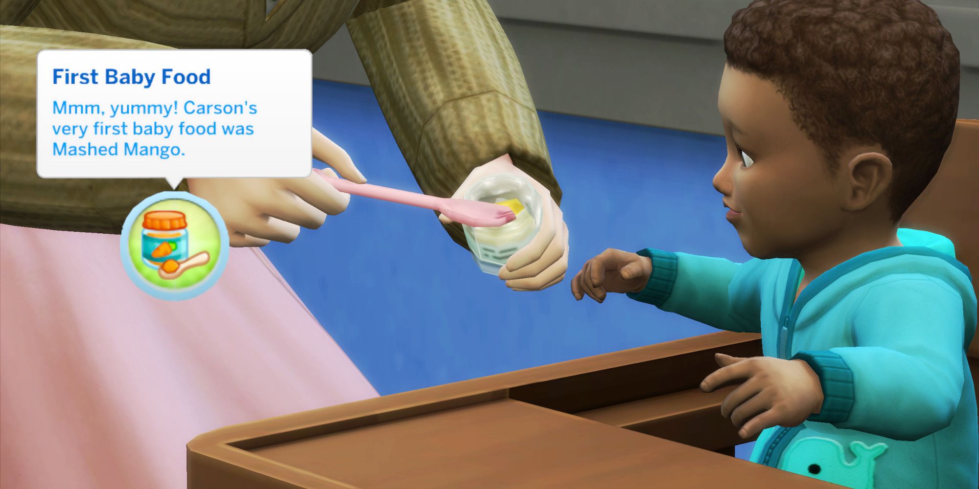 A Sim from The Sims 4 is feeding a baby Sim in a high chair.  Text from Baby's First Food Milestone is covered