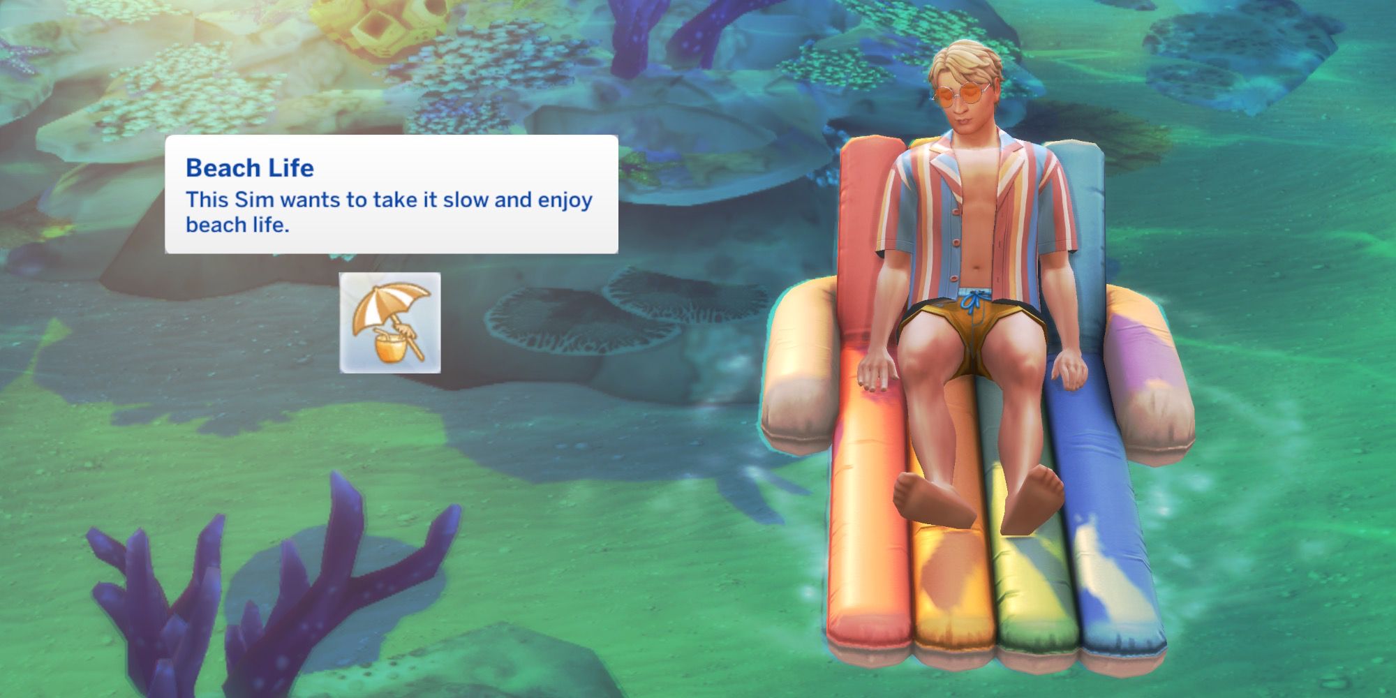 A Sim from The Sims 4 floating in the ocean on a pool floatie. A text box describing the Beach Life aspiration is on top of the picture-1