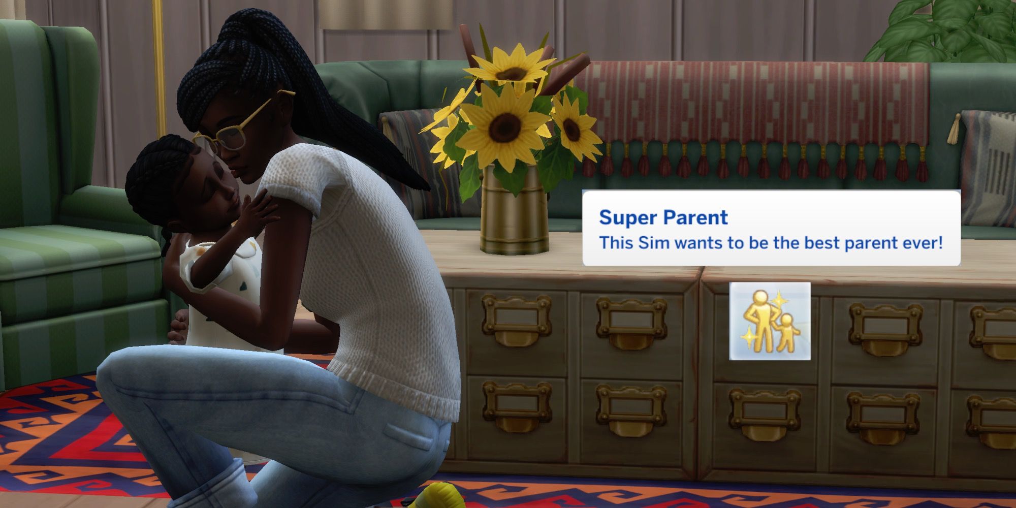 A Sim from The Sims 4 giving a toddler Sim a kiss. A text box describing the Super Parent aspiration is on top of the picture-1