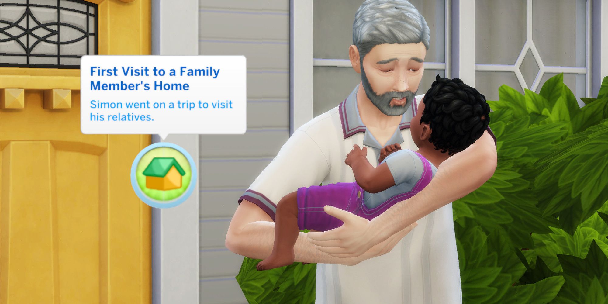 A Sim from The Sims 4 holding a baby Sim in front of the house.  The text from the milestone First visit to a family member's home is covered