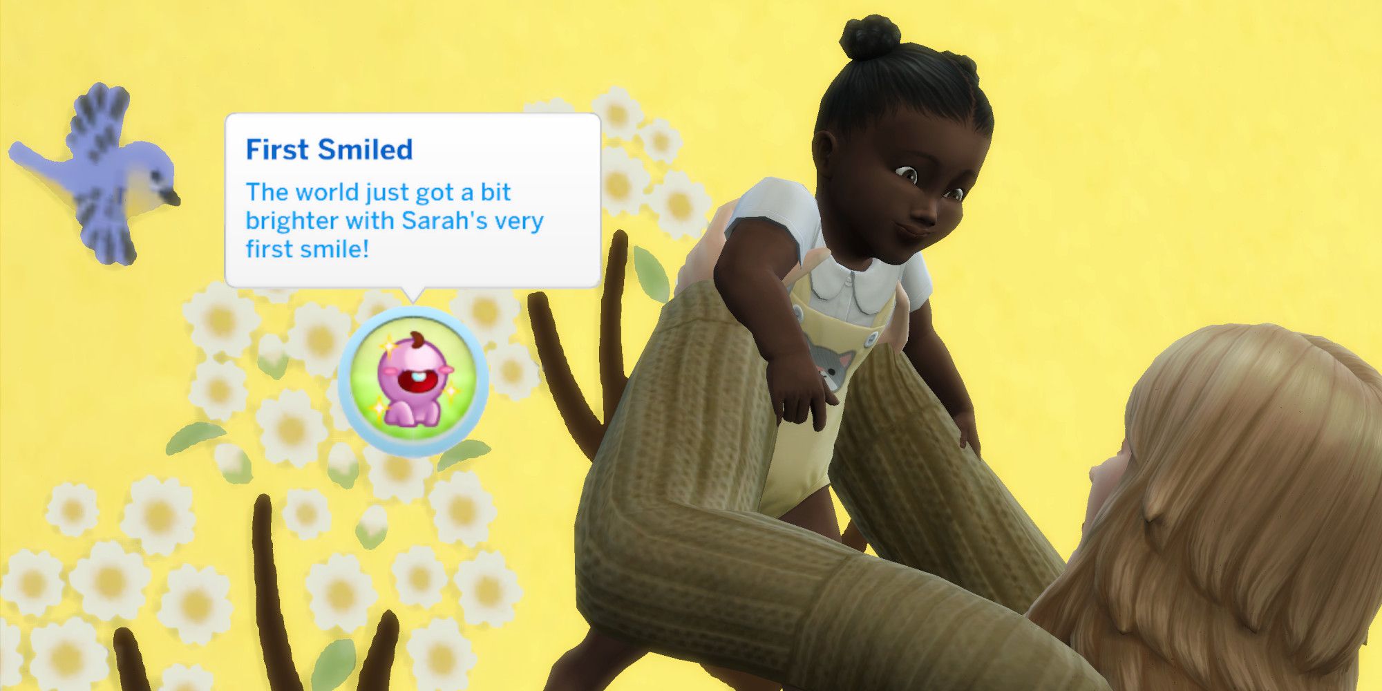 A Sim from The Sims 4 holding a smiling baby Sim.  Text from the First Smile milestone is covered