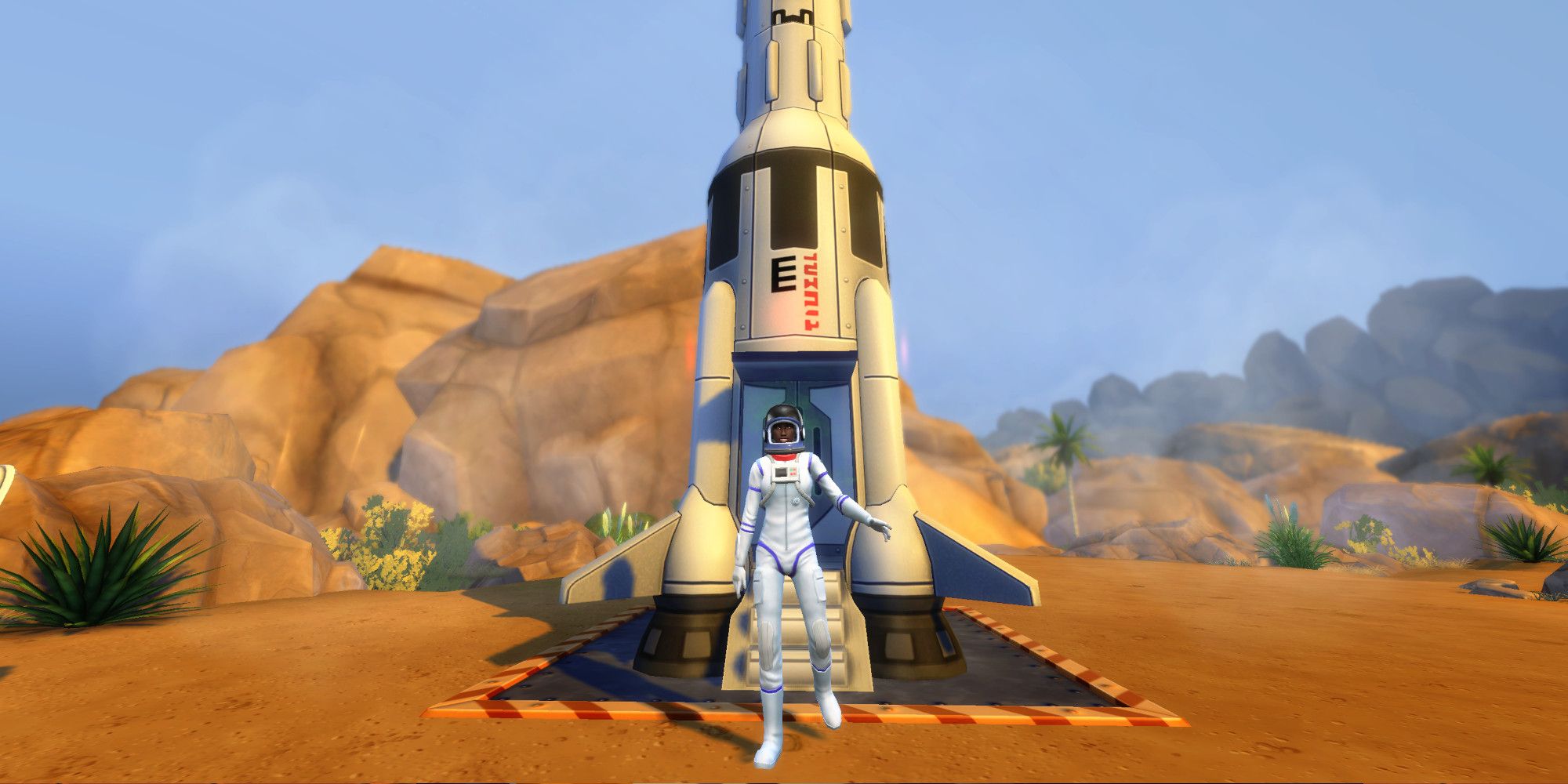 Ein Sim aus Die Sims 4 in einem Astronautenanzug, der in der Wüste aus einer Rakete steigt