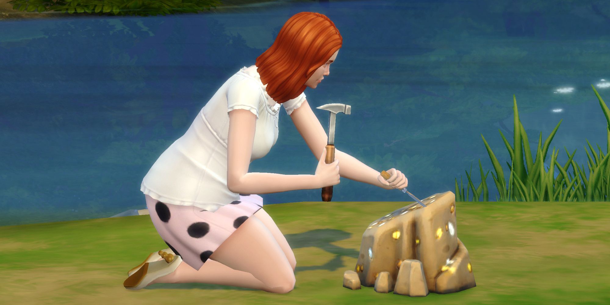 A Sim from The Sims 4 kneeling an digging into a rock of metals with a hammer and chisel