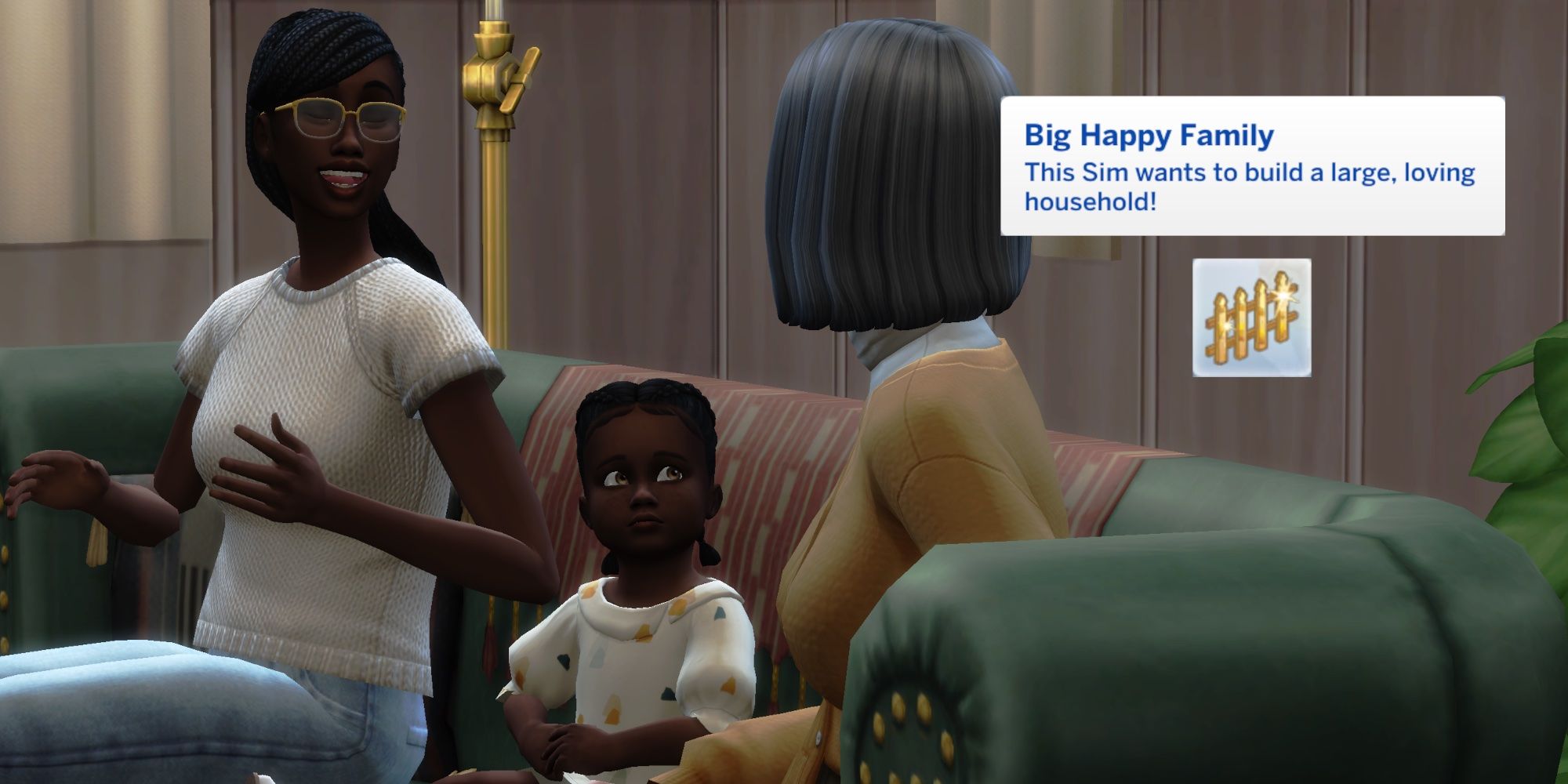 A Sim from The Sims 4 laughing at an elder Sim as a toddler Sim looks up. A text box describing the Big Happy Family aspiration is on top of the picture-1