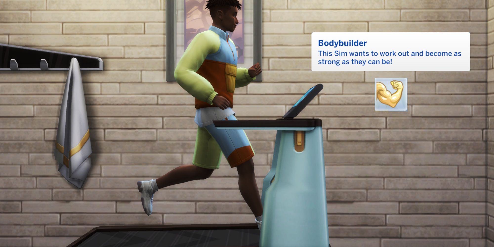 A Sim from The Sims 4 running on a treadmill. A text box describing the Bodybuilder aspiration is on top of the picture-1