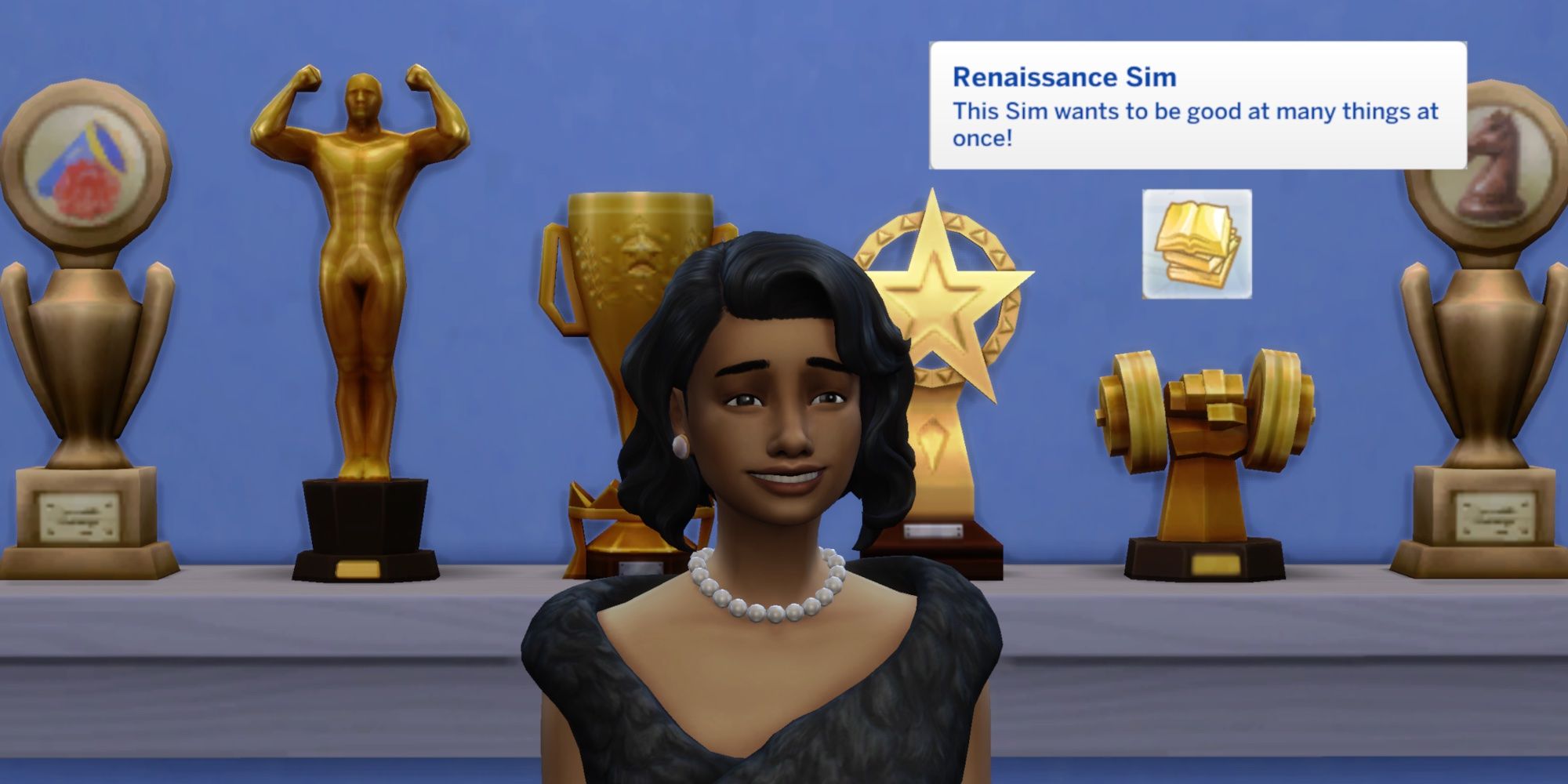 A Sim from The Sims 4 standing in front of trophies. A text box describing the Renaissance Sim aspiration is on top of the picture-1