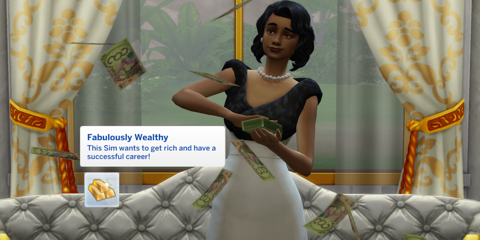 A sim from Sims 4 throws Simoleons around the room. A text box that describes the wonderfully rich aspiration is on top of the image-1