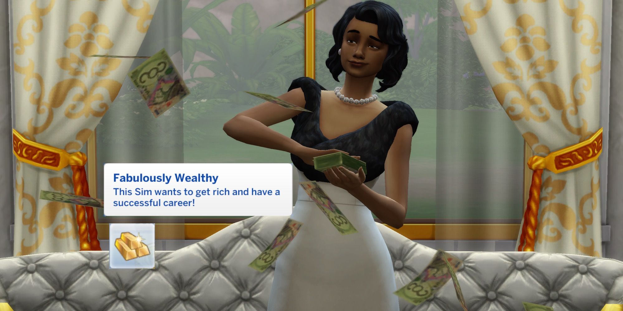 A Sim from The Sims 4 throwing Simoleons around the room. A text box describing the Fabulously Wealthy aspiration is on top of the picture-2