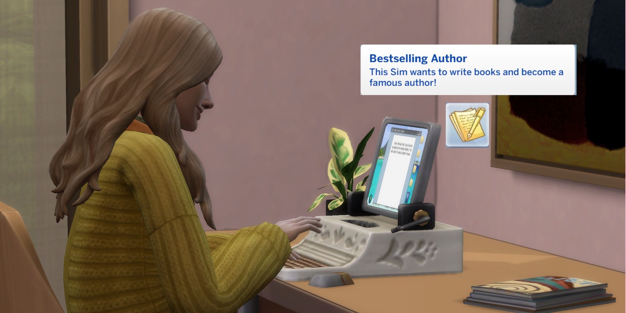 A Sim from The Sims 4 writing on a computer. A text box describing the Bestselling Author aspiration is on top of the picture-1