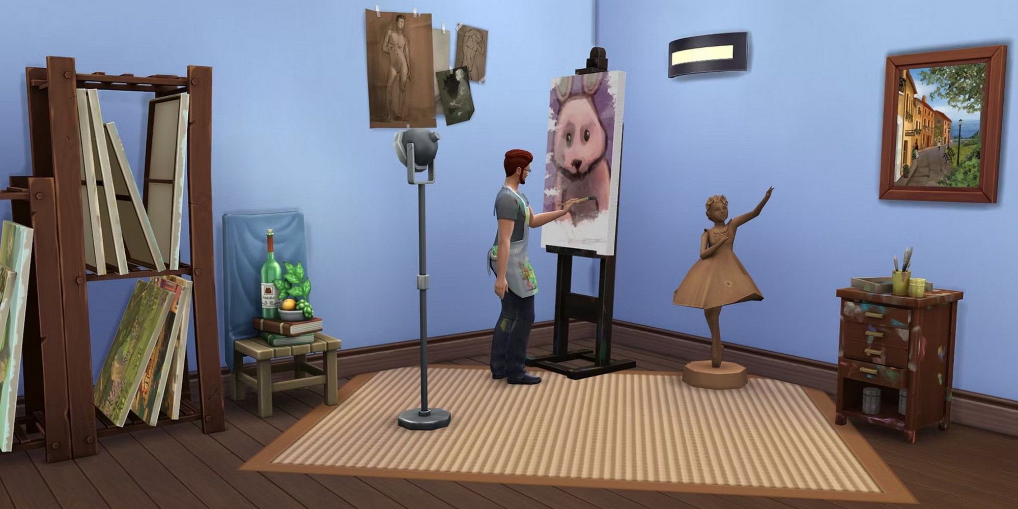 Ein Sim in einem Raum malt, umgeben von Malzubehör aus der Malerkarriere, als einer der besten Jobs in Sims 4