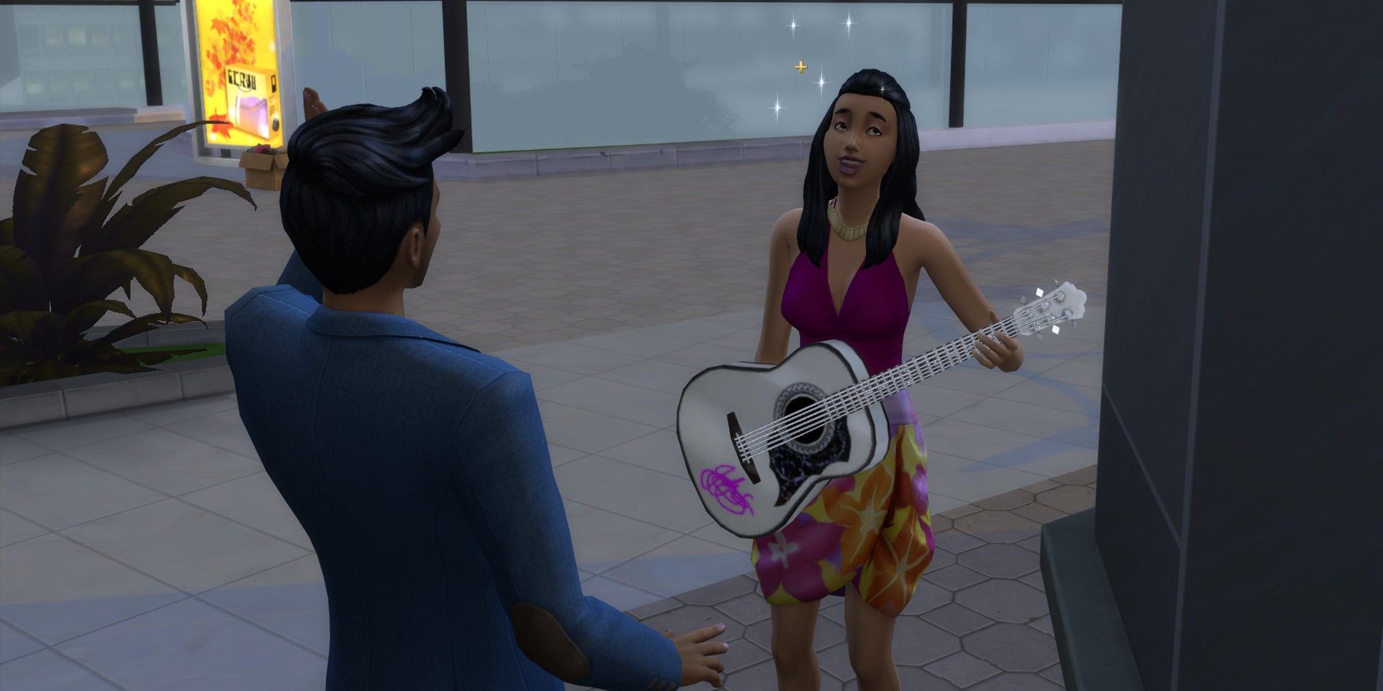 a sim outdoors with a guitar speaking to another sim in the sims 4 singing career-1