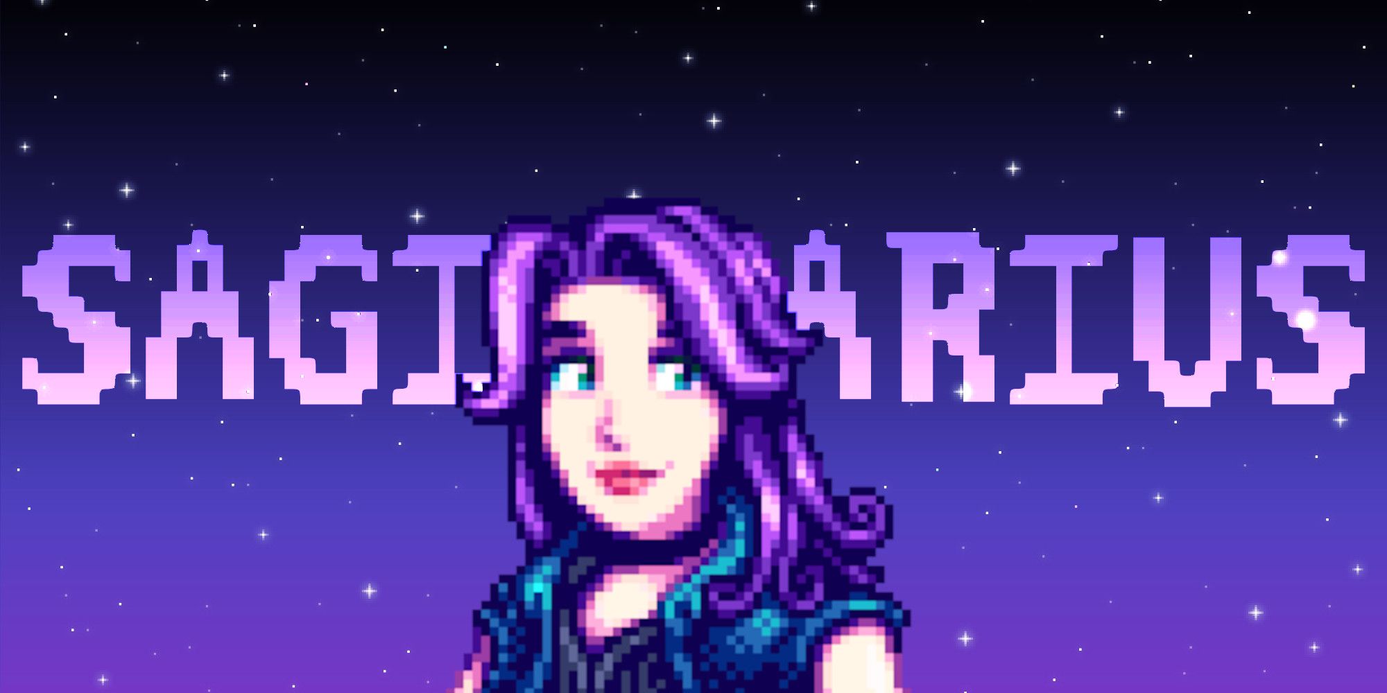 Abigail from Stardew Valley in front of a pixel star background and text reading %22Sagittarius%22