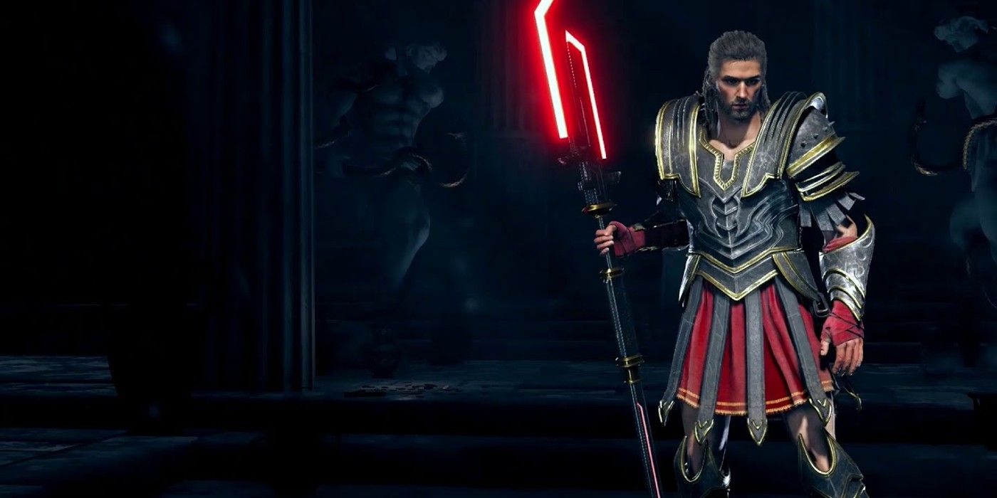AC Odyssey Myrmidon Armor set Alexio in dark dungeon with glowing mace