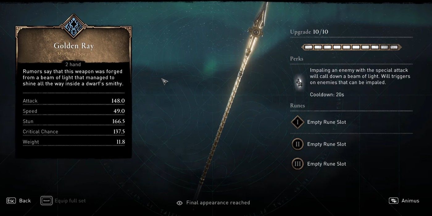 AC Valhalla Golden Ray spear inventory stats screen