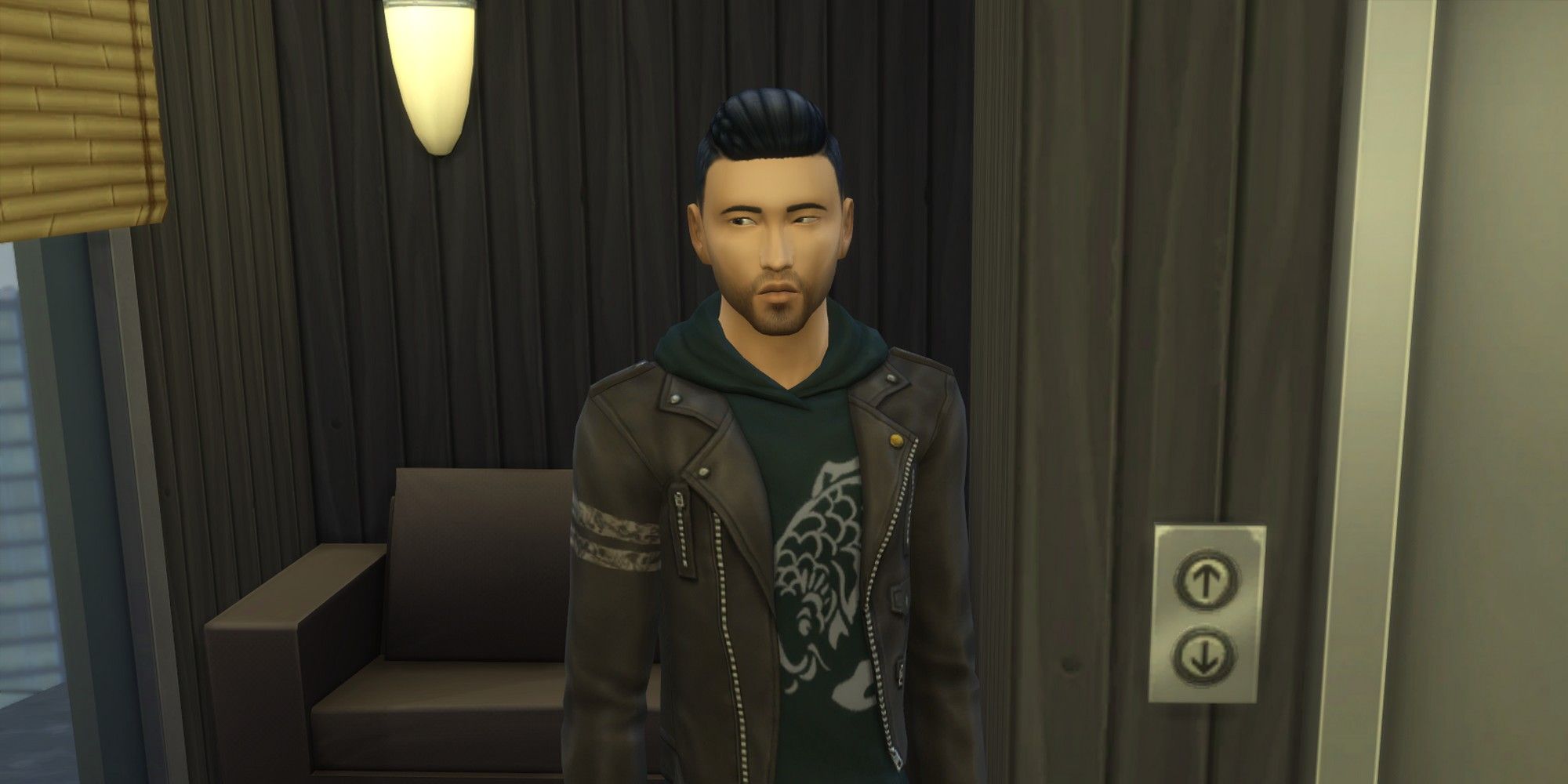 akira kibo in the hallway of his apartment building in city living san myshuno townies sims 4 best townies to marry