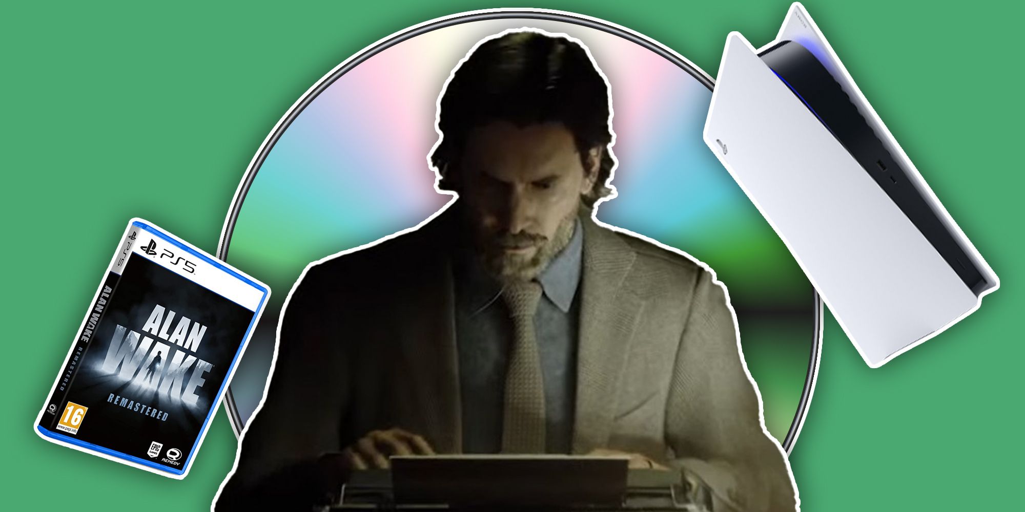 Alan Wake using a typewriter with a game case, a PS5, and a disc in the background.