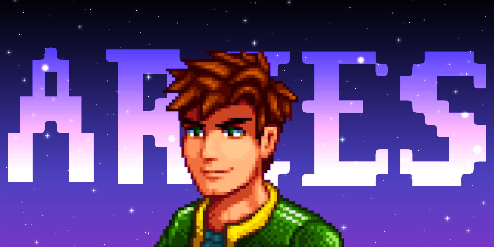 Alex from Stardew Valley in front of a pixel star background and text reading %22Aries%22