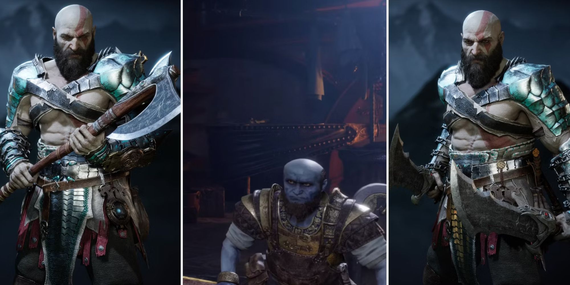 Split image of Kratos and Brok in God of War Ragnarok