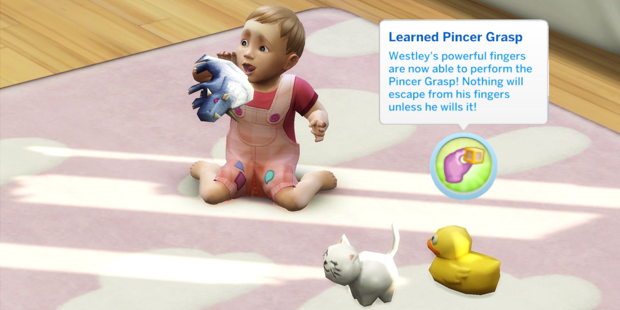A baby Sim from The Sims 4 playing with toys.  The text from the Pincer Grasp Learned milestone is overlaid