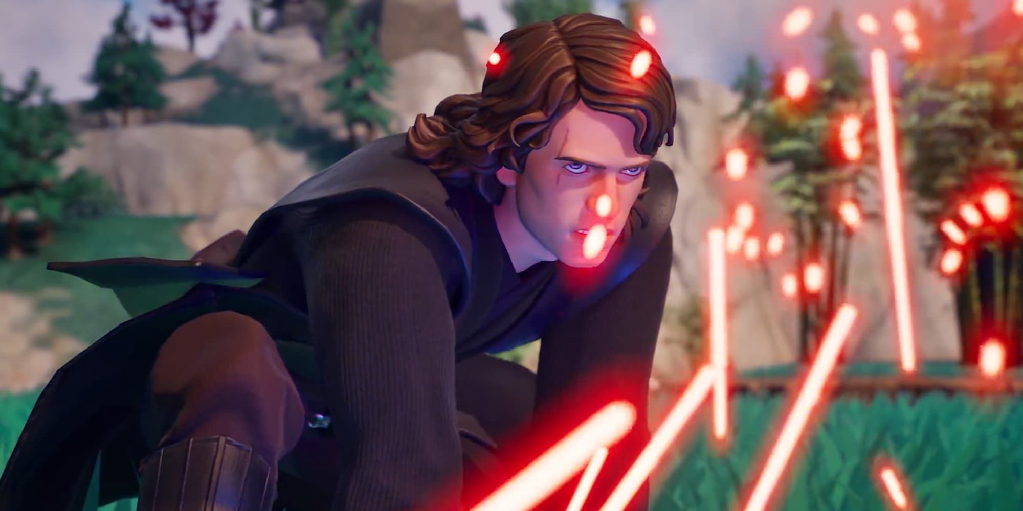 Anakin Skywalker scowls from his hands an knees as red sparks surround him in Fortnite.