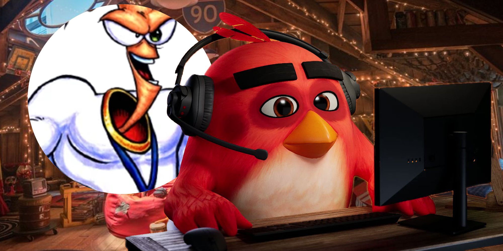 Angry Bird making a game in Sonics bedroom with Earthworm Jim behind