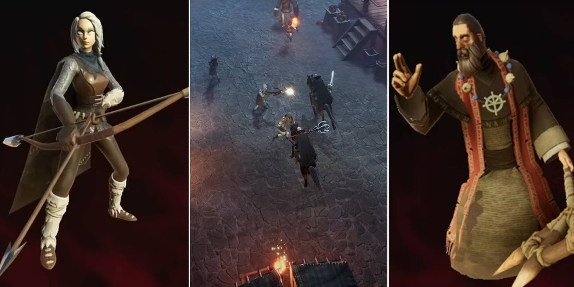 An Archer, a vampire fighting Villagers, and a Priest in V Rising.