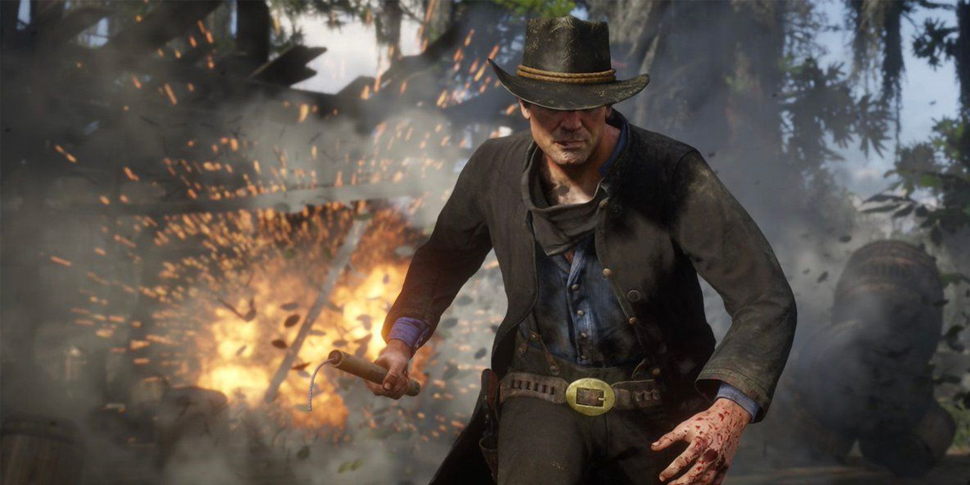 arthur morgan with an explosion behind him in red dead redemption 2