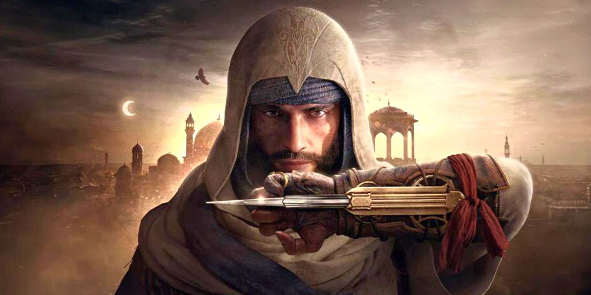 A hooded assassin with a concealed blade being shown to the viewer. A promotional image for Assassin's Creed Mirage