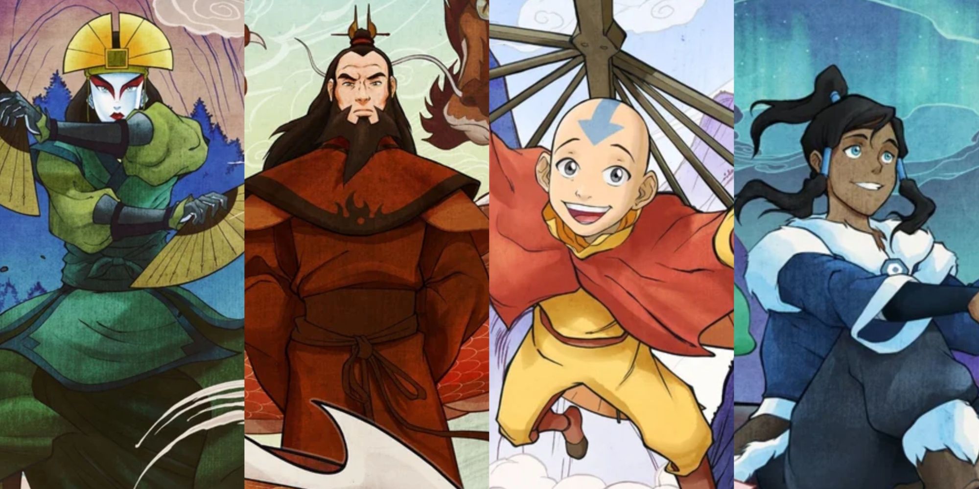 A collage featuring Kyoshi, Roku, Aang, and Korra in Avatar Legends.