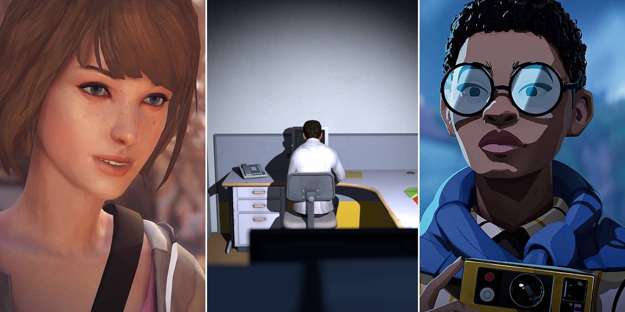 A college image of Max in Life Is Strange, Stanley in The Stanley Parable, and Estelle in Season.