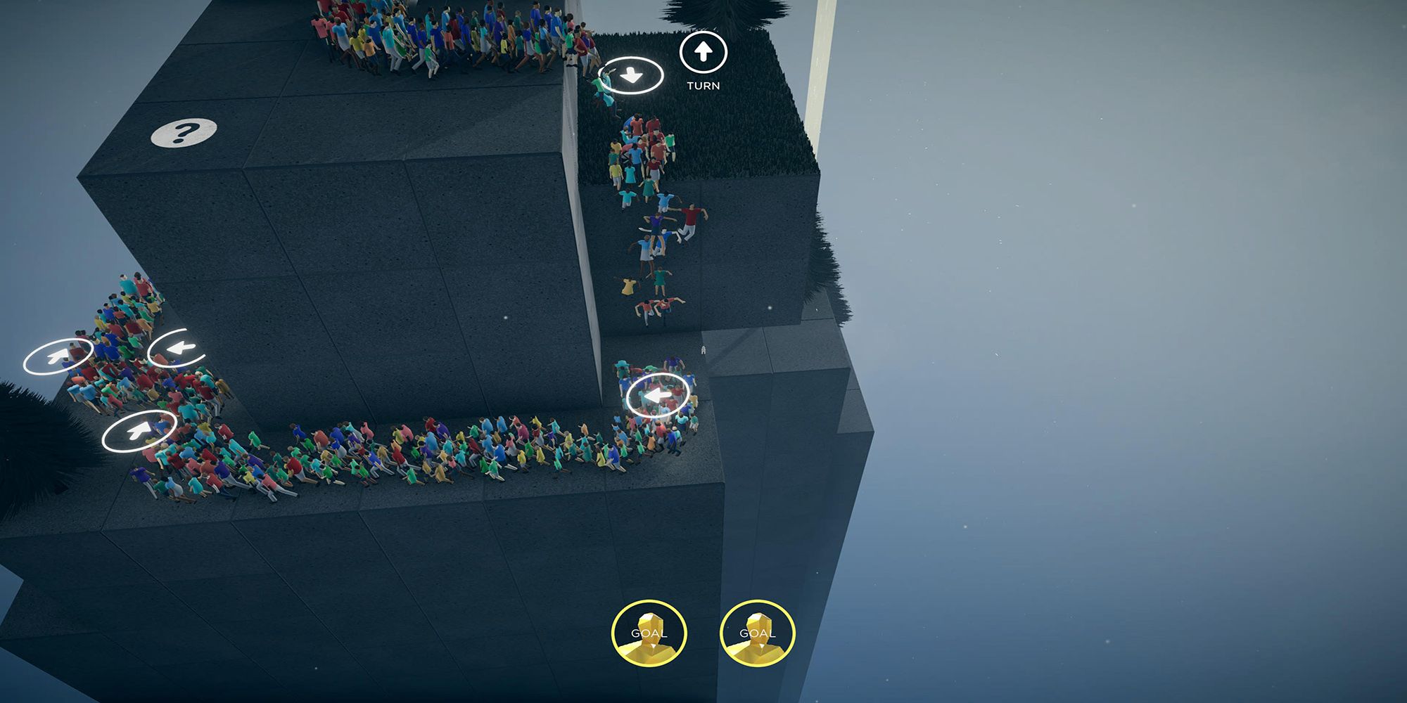 A path of humans navigate a spiral staircase of platforms in the Baby Steps trial of Humanity.