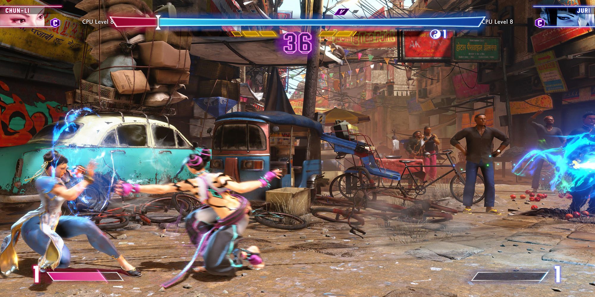 Chun-li guards against Juri's punches during a Back And Forth match at Old Town Market in Street Fighter 6.