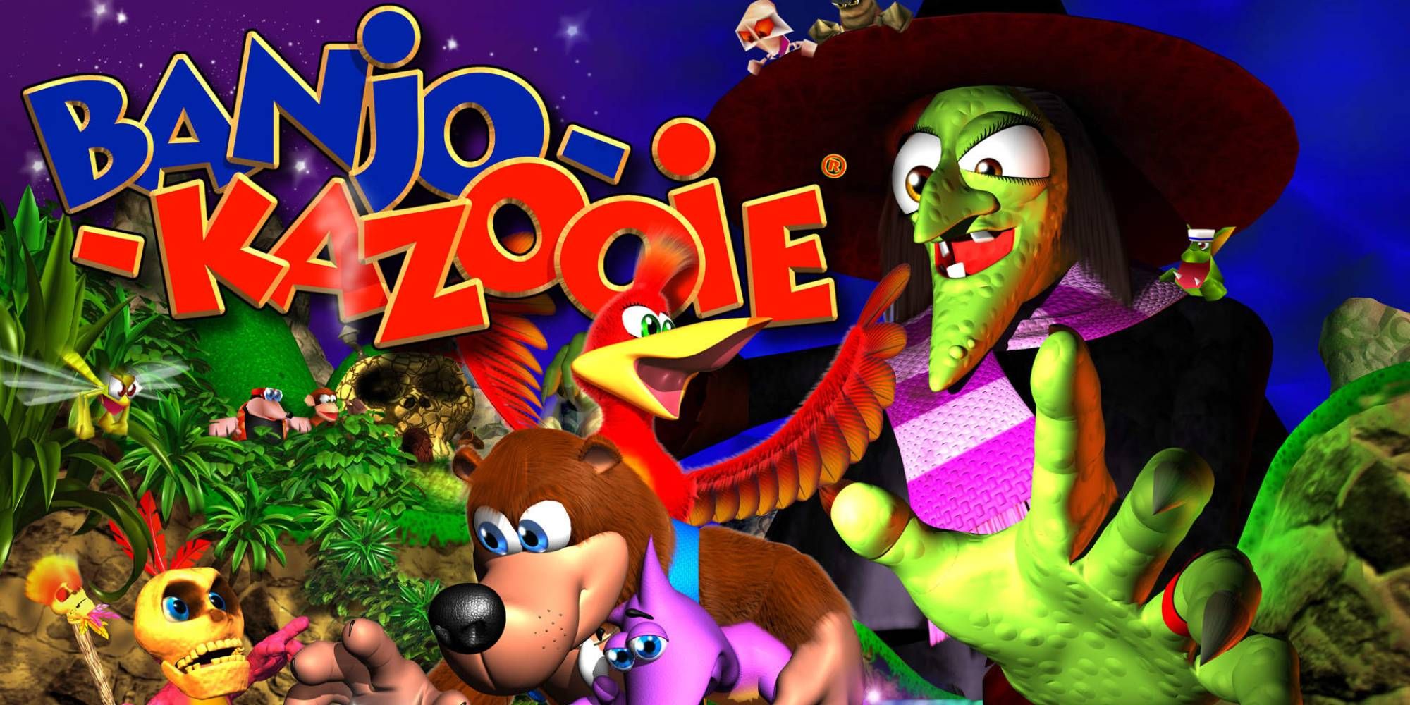 A bear with a red bird escapes a large green witch doll in the colorful environment of Banjo-Kazooie