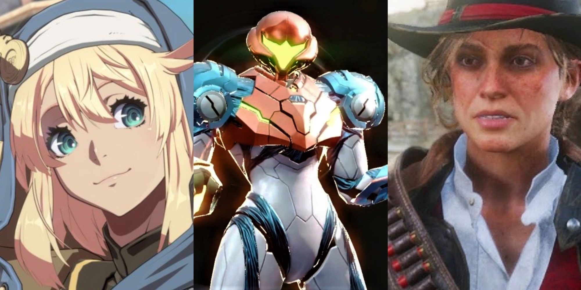 Close up of Bridget from Guilty Gear, Samus as she gets an upgrade in Metroid Dread, and Sadie grimacing from Red Dead Redemption, left to right