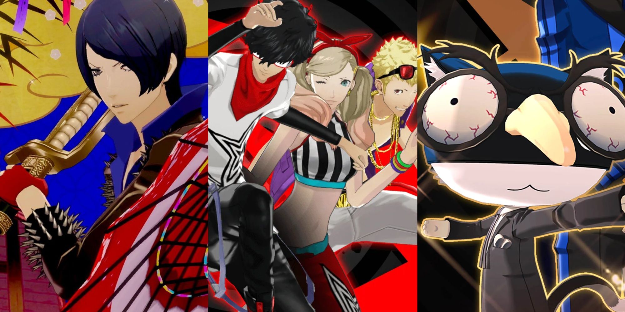 Yusuke in his P5D costume during Showtime, Joker, Ann, and Ryuji smiling in their P4D costumes, and Morgana posing while dressed as Igor