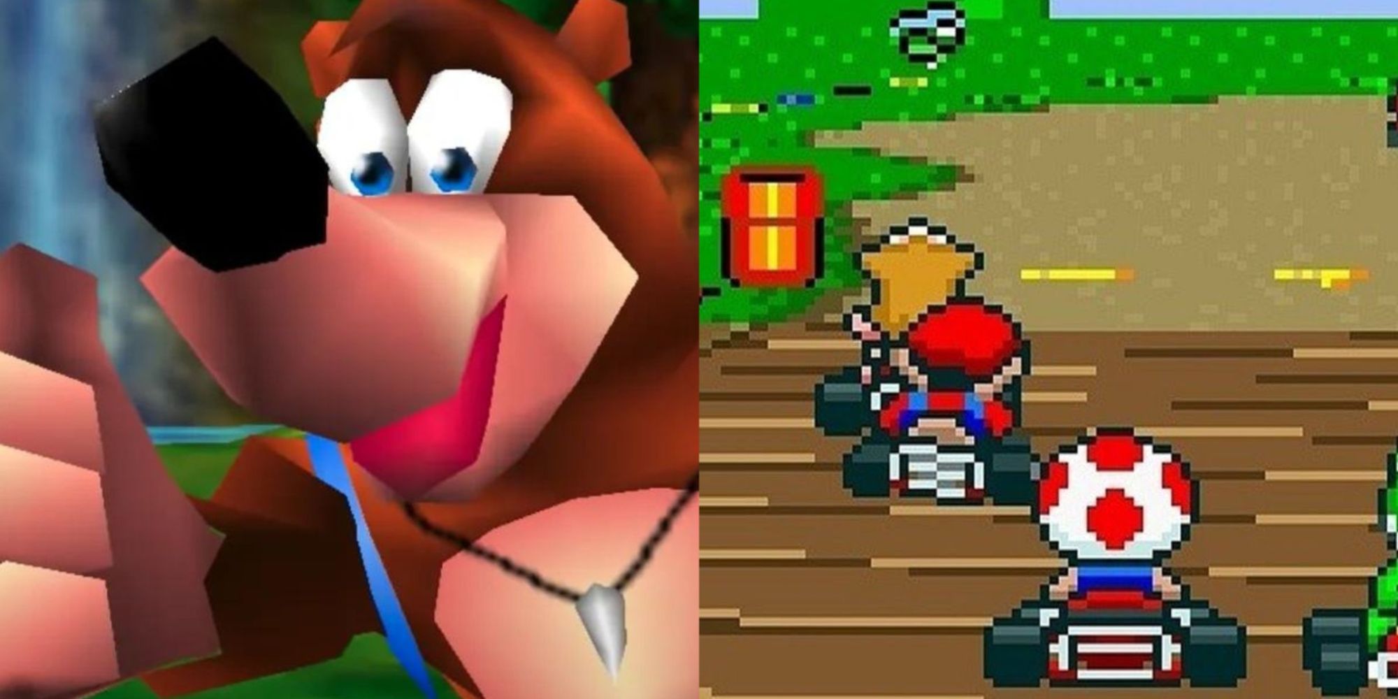 Best Nintendo Games From The 90s Featured Split Image Banjo and Mario Kart