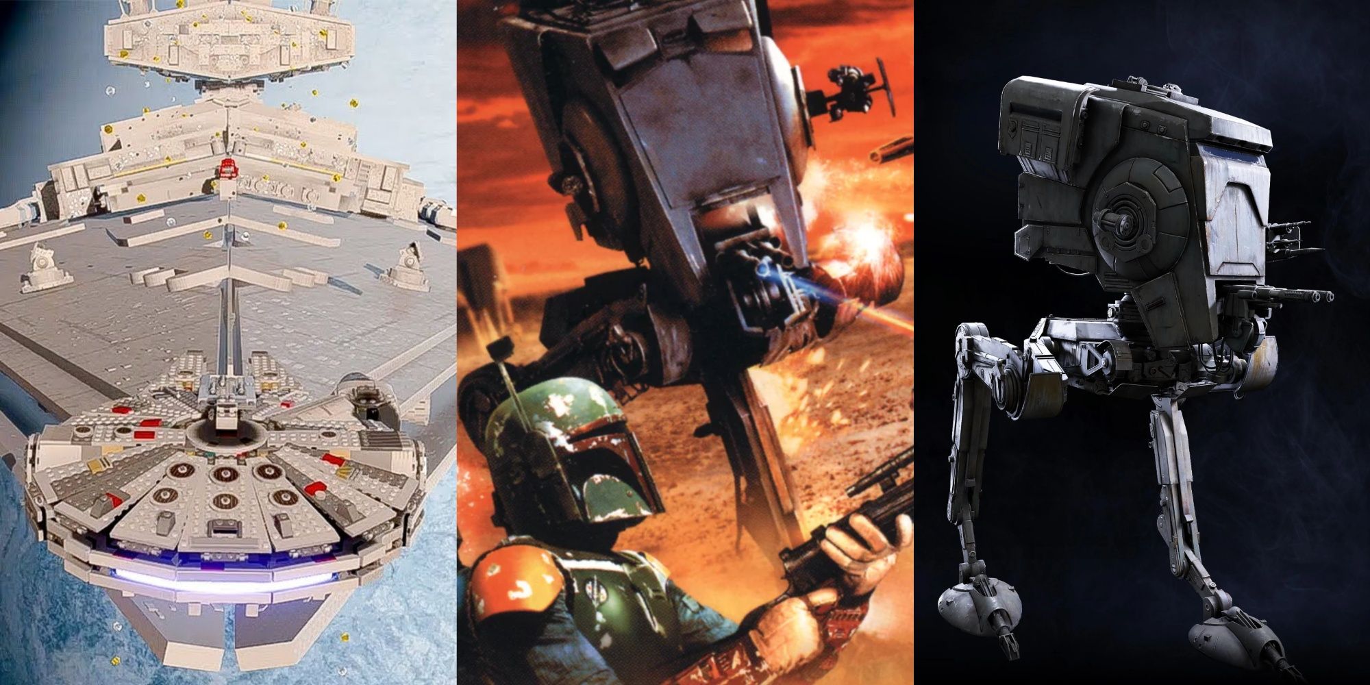 The Best Star Wars Game Vehicles - The Lego Millennium Falcon, Star Wars Demolition Box Art and an AT-ST from Star Wars Battlefront 2