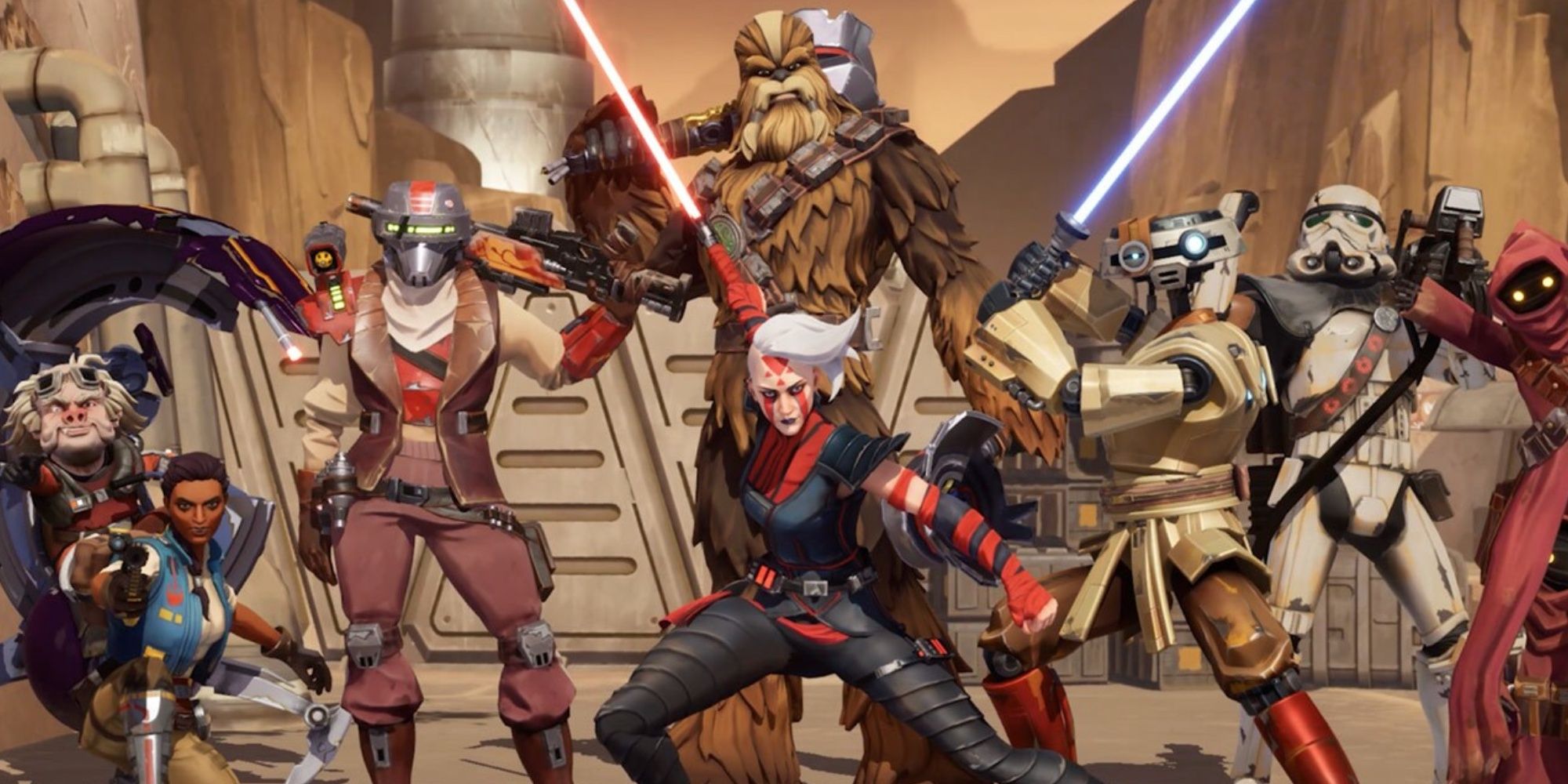 Sith, Jedi and Stormtroopers posing together in Star Wars: Hunters.