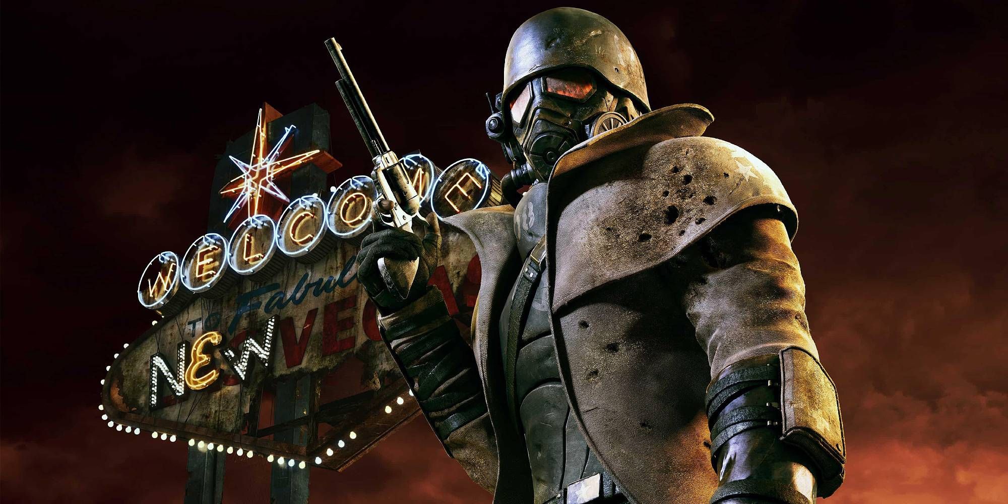 A masked figure stands by a sign which says Welcome to Fallout New Vegas