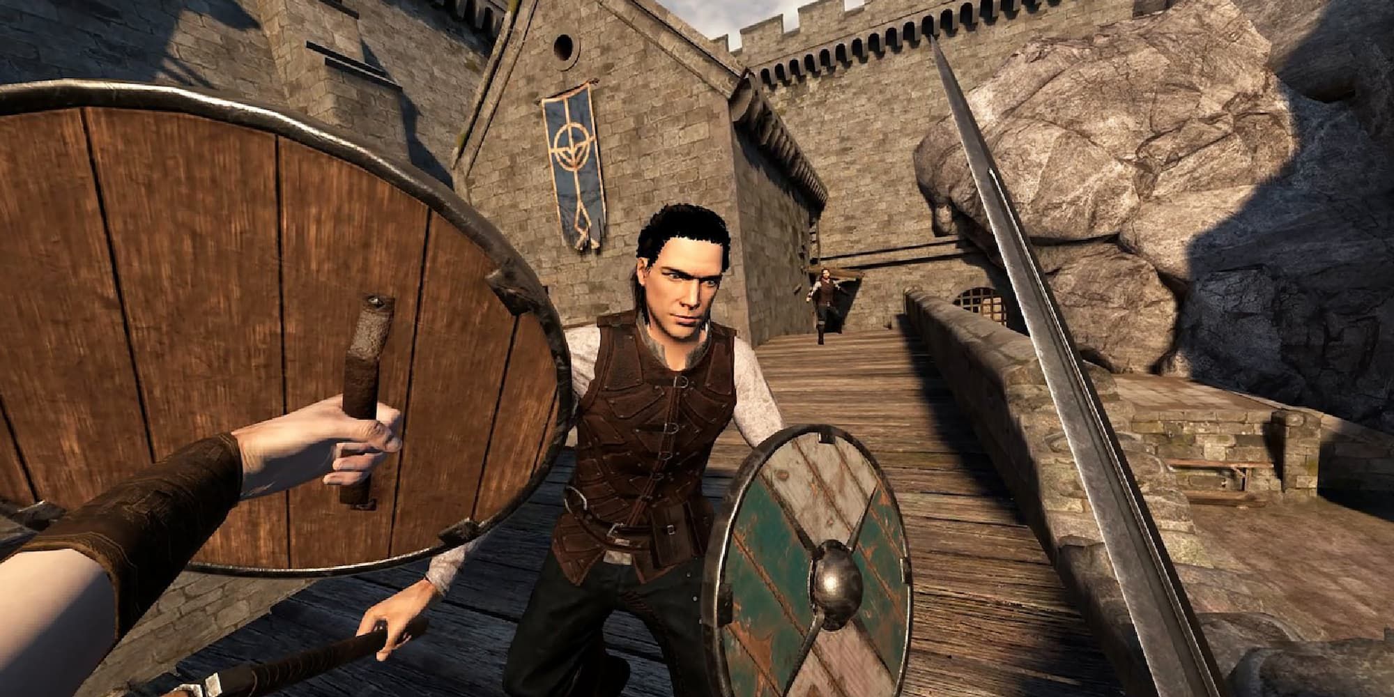 The player fights an enemy with a sword and shield in Blade And Sorcery: Nomad.