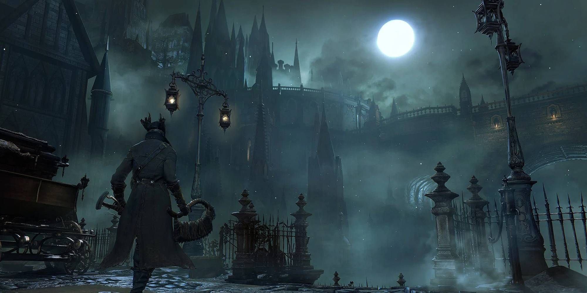 A figure in a dark jacket walks at night in a dark foggy Victorian style city in Bloodborne