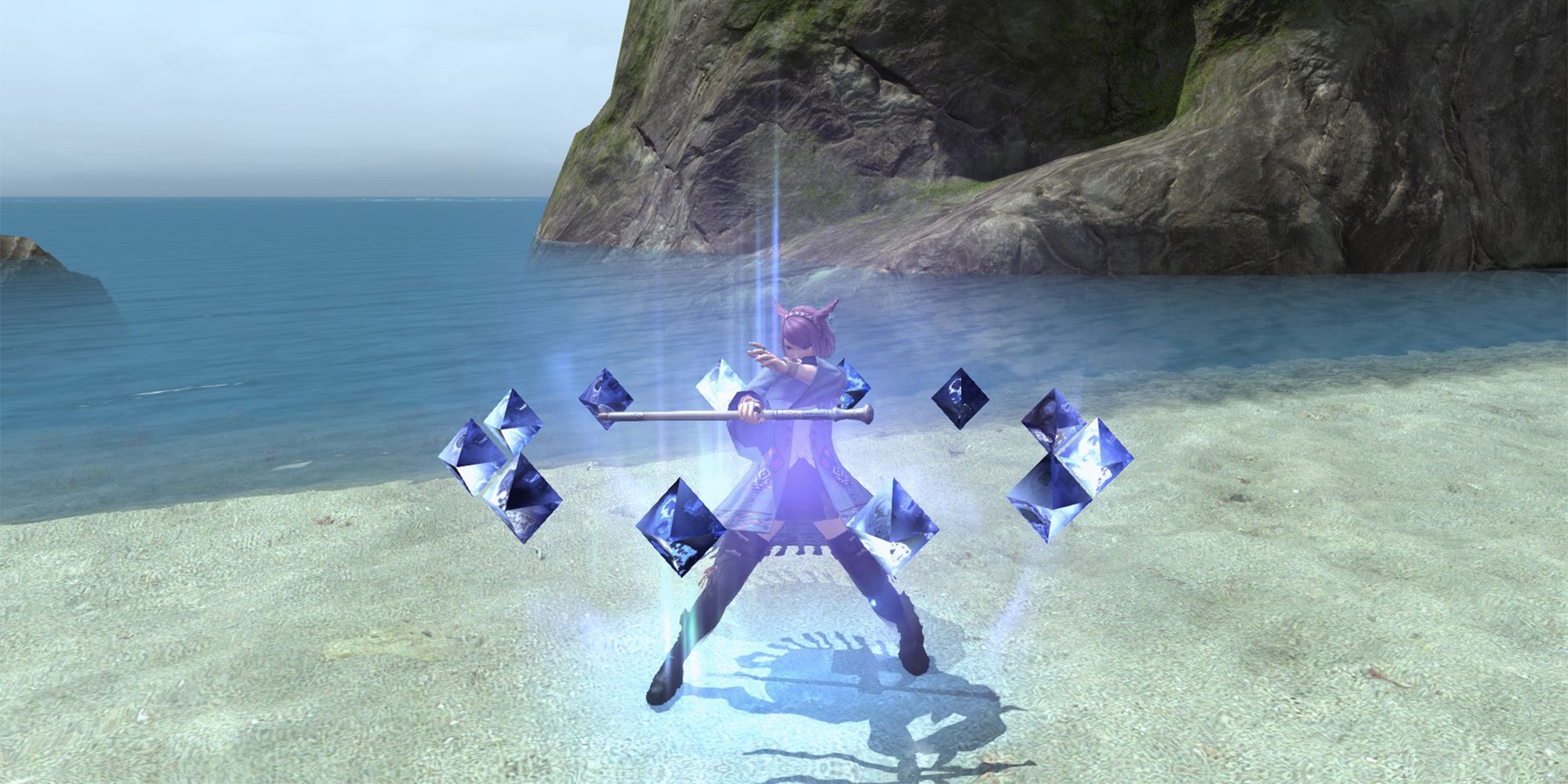 blue mage casting a spell on the beach