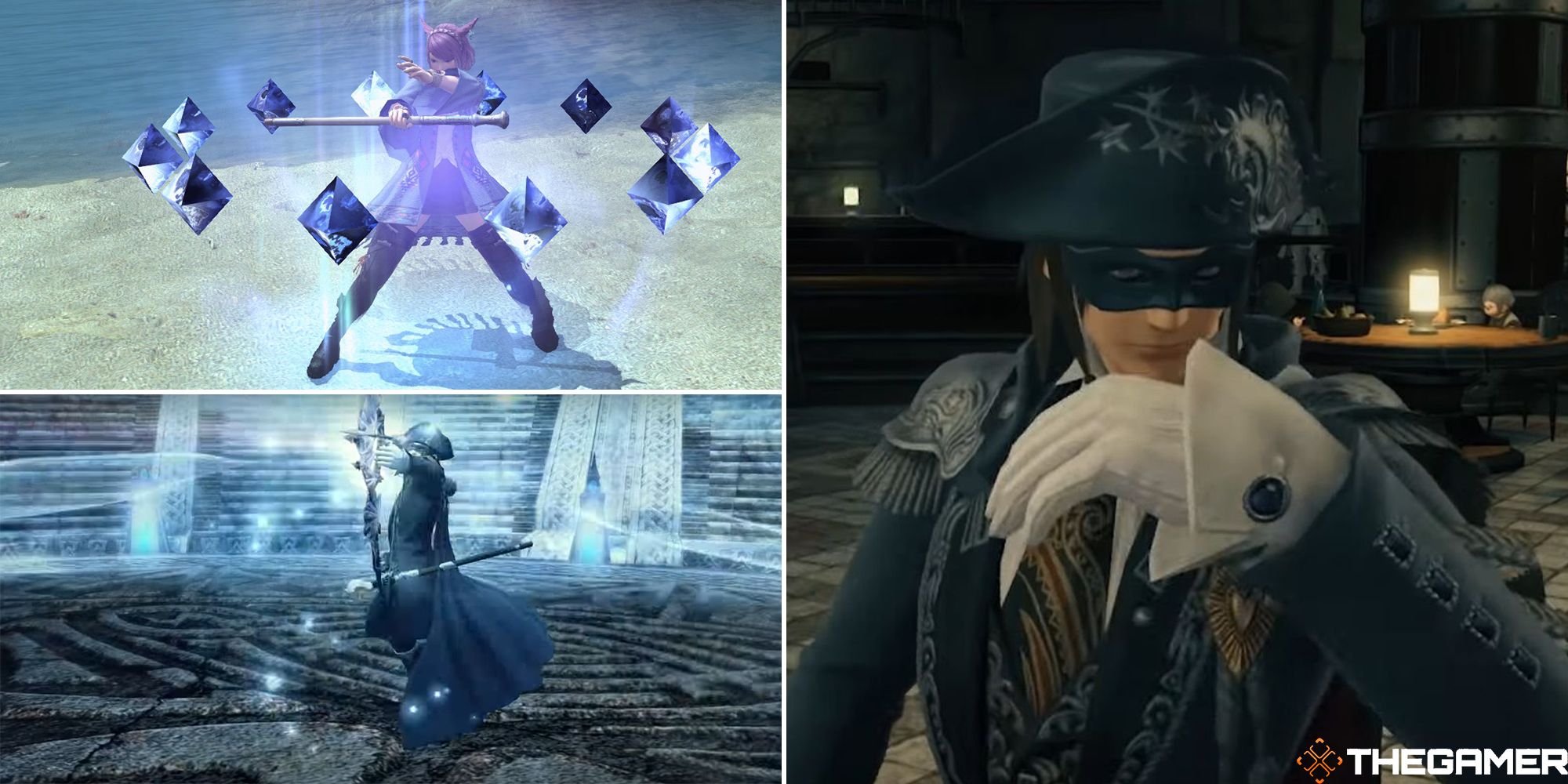 blue mage casting a spell on the beach, summoning ice crystals, and posing split image